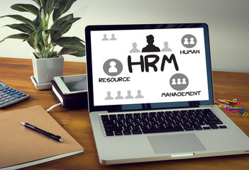 HRM Human Resource Management  Strategy Planning Working HRM man - obrazy, fototapety, plakaty