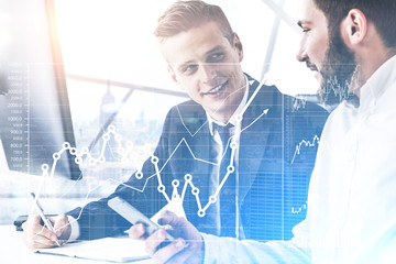 Two traders are discussing stock market situation and their strategy. Concept of communication. New...