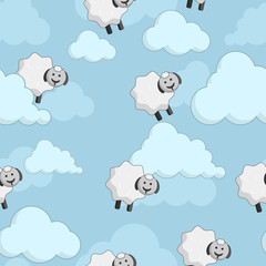 Seamless  pattern with lambs and clouds