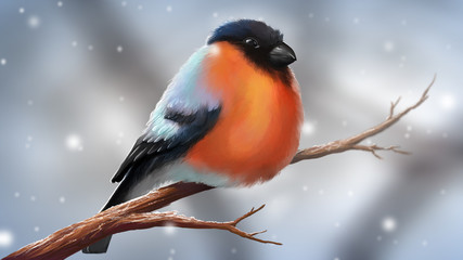 Digital illustration of a bullfinch sitting on a branch in winter