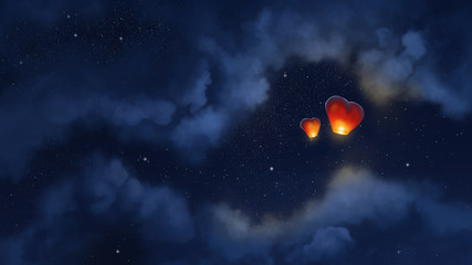 Digital illustration of two lovers lanterns, soaring in the sky