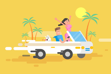 illustration happy guy drives white convertible