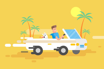 illustration happy guy drives a white convertible