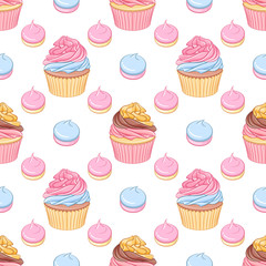 Pink and chocolate cream cupcakes and meringues vector seamless pattern.