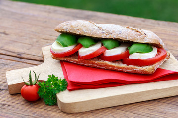 Tomaten Mozzarella Baguette auf  einem Gartentisch