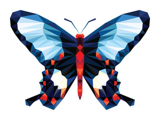 Black blue and red dot butterfly low polygon on white background, geometric insect polygonal isolated