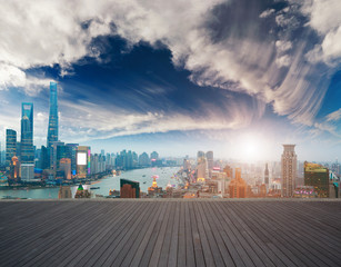 Empty wood floor with bird-eye view at Shanghai bund Skyline