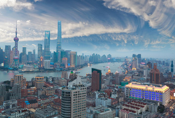 Fototapeta premium Aerial photography at Shanghai bund Skyline of twilight