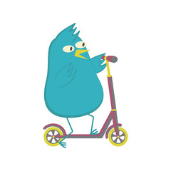 Obraz premium Blue bird ride push scooter. Vector illustration.