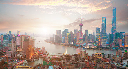 Aerial photography at Shanghai bund Skyline of sunrise - obrazy, fototapety, plakaty