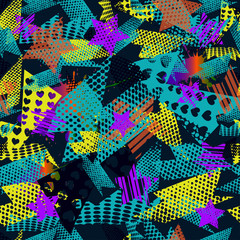 Abstract seamless pattern for girls,boys.Creative vector background with hearts, stars, geometric figures.Funny wallpaper for textile and fabric.Fashion style.Colorful bright Pink, yellow, purple