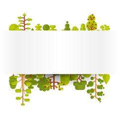 illustration of bare banner or strip  paper with green trees and bushes on a white background in  flat style