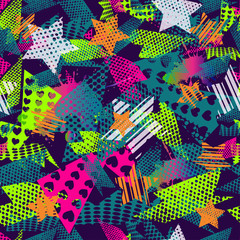 Abstract seamless pattern for girls,boys.Creative vector background with hearts, stars, geometric figures.Funny wallpaper for textile and fabric.Fashion style.Colorful bright Pink, yellow, purple