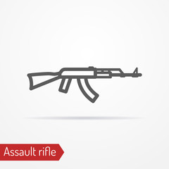 Abstract isolated assault rifle icon in line style with shadow. War and military vector stock image.