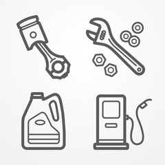 Collection of car or motorcycle service icons in line style. Piston, gas station, motor oil and wrench with nuts. Car store or service vector stock image.