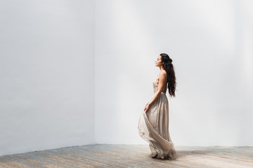 Girl with long black hair in a gentle silk wedding dress