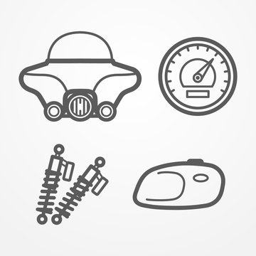 Collection of classic road motorcycle parts in line style. Windshield, fuel tank, speedometer and shock absorbers. Motorcycle vector stock image.