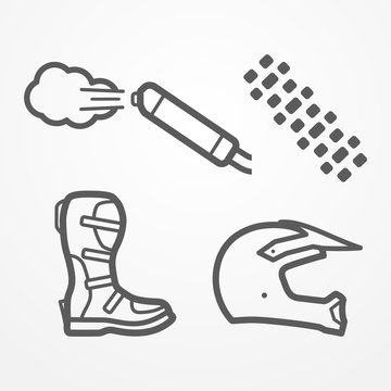 Set of cross and off-road motorcycle parts in line style. Exhaust, tire track, boot and helmet. Motorbike vector stock image.
