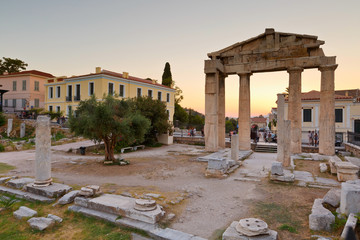 Fototapeta na wymiar Remains of the Gate of Athena Archegetis and Roman Agora in Athens, Greece.