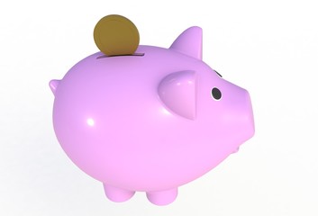 Pink piggy bank with coins isolated on white