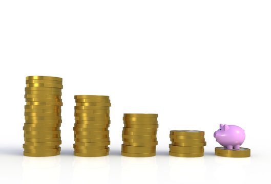 Piggy bank standing on stack of coins isolated on white