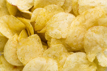 Close up potato chips on top view background.