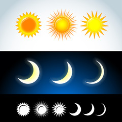 Colorful and flat Sun and moon icons. Sign sun and moon. Vector logo for web design, mobile and infographics. Vector illustration eps10. Isolated on white background.