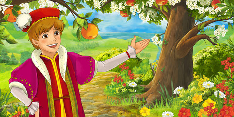 Obraz na płótnie Canvas Cartoon scene with young traveler or prince in the forest - walking - illustration for children 