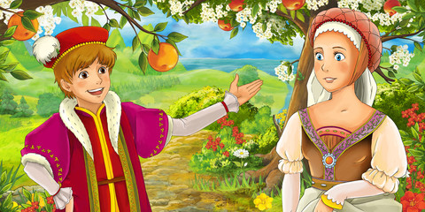 Cartoon scene with cute royal prince and charming manga girl on the meadow - illustration for children