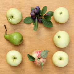 pattern of fruit/ flat layout of apples, plums and pears on a wooden surface 