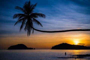 Fototapeta na wymiar Beautiful tropical island beach in sunset evening - Travel summer holiday vacation concept.