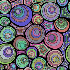 Hand drawn doodle seamless pattern with circles ornament. Crazy color palette. Psychedelic concentric circles.