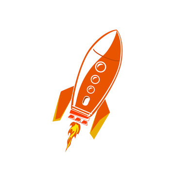 Red Rocket, Spaceship Isolated on White Background, Vector Illustration