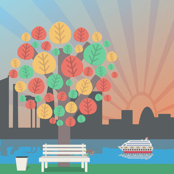 autumn in the Park, the city skyline. Autumn tree and bench to the trash. Vector illustration.