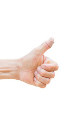 horizontal photo of closeup of farmer's hand showing thumbs up with bandage isolated on white background, clipping path