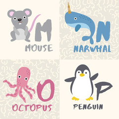 Cute Animal Alphabet Set : Letter M,N,O,P : Vector Illustration
