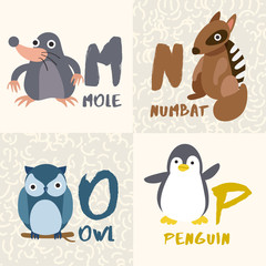 Obraz premium Cute Animal Alphabet Set : Letter M,N,O,P : Vector Illustration