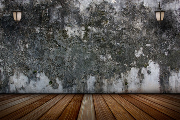 The lamp on the plaster walls and old wooden floors, Abstarct background.