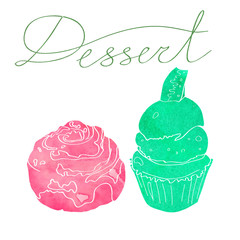 illustration with the image of two cakes made watercolor silhouette of pink and green. Dessert inscription. Waatercolor