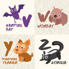 Cute Animal Alphabet Set : Letter V,W,Y,Z : Vector Illustration