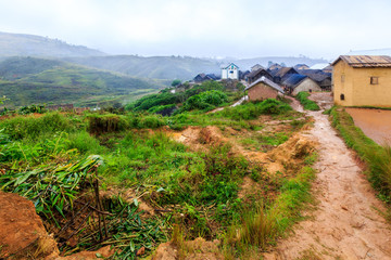 Village in the mountains of Africa on a misty rainy morning