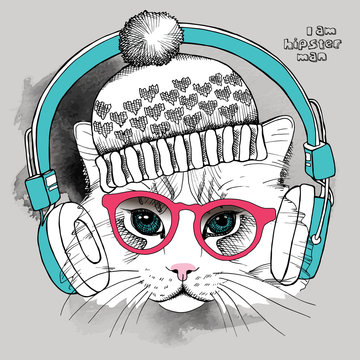 Image portrait cat in glasses and hat with headphones. Vector illustration.
