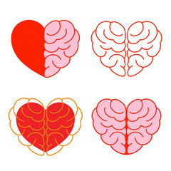 Set of brain and heart. Brain in heart shape. Vector illustration icon, isolated on white background. Success concept