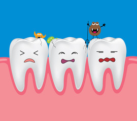 Tooth with bacteria. Dental problem. Sad decayed teeth fear with bacteria vector cartoon