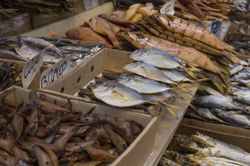 Dried salted fish at a farmers market in Odessa, Ukraine.