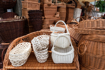 Traditional polish handmade wicker basket on market in Poland. Europe.