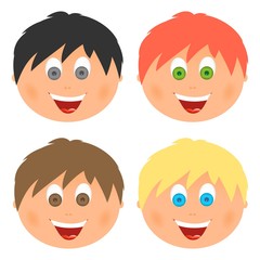 Boys set children's faces with different hair color and eyes with a big smile with an open mouth with tongue and white teeth. Combed child with ears