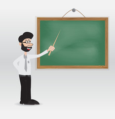 cartoon teacher with beard and glasseye pointing to chalkboard