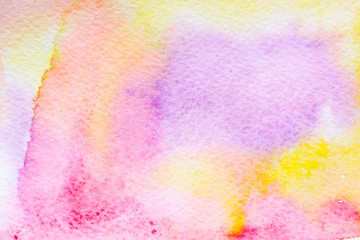 Abstract background, original art, watercolor painting. Paper texture pink, red, yellow, purple and orange stains.  Colorful handmade technique aquarelle.