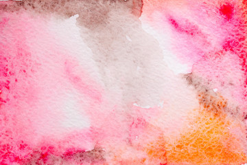 Fototapeta premium Abstract background, original art, watercolor painting. Paper texture with pink, red, brown and orange stains. Colorful handmade technique aquarelle.